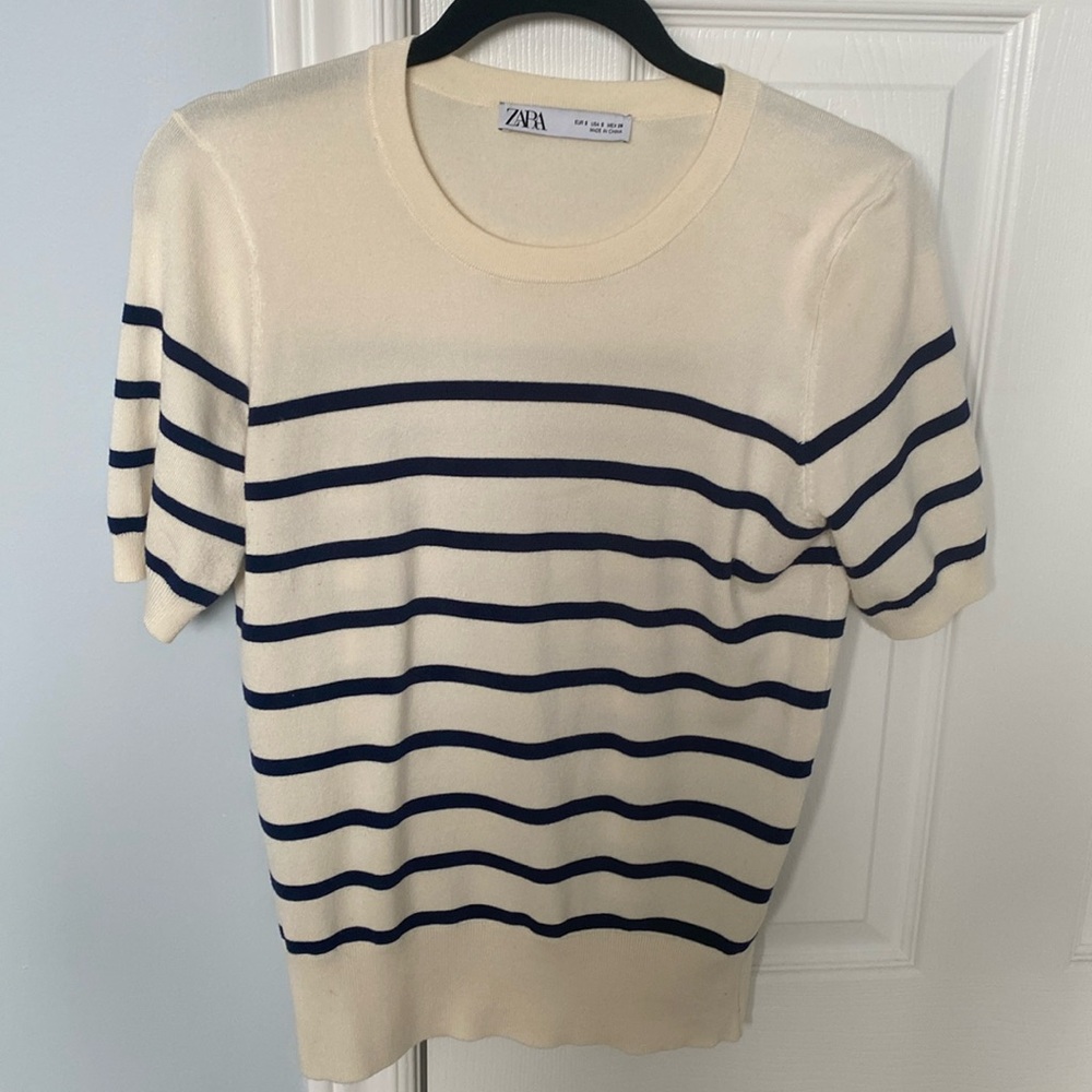 Ecru and Navy striped Zara sweater
